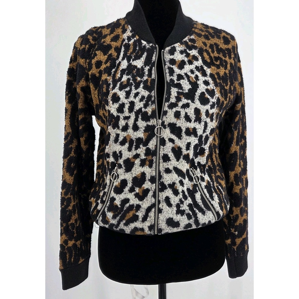 Desigual Caty Leopard Print Metallic Sweater Medium Knit Zip-up Bomber Jacket Sz